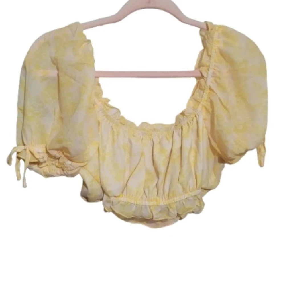 Sugar Thrillz Yellow Off Shoulder Puff Sleeve Crop Top Coquette Bow Top - Picture 2 of 5